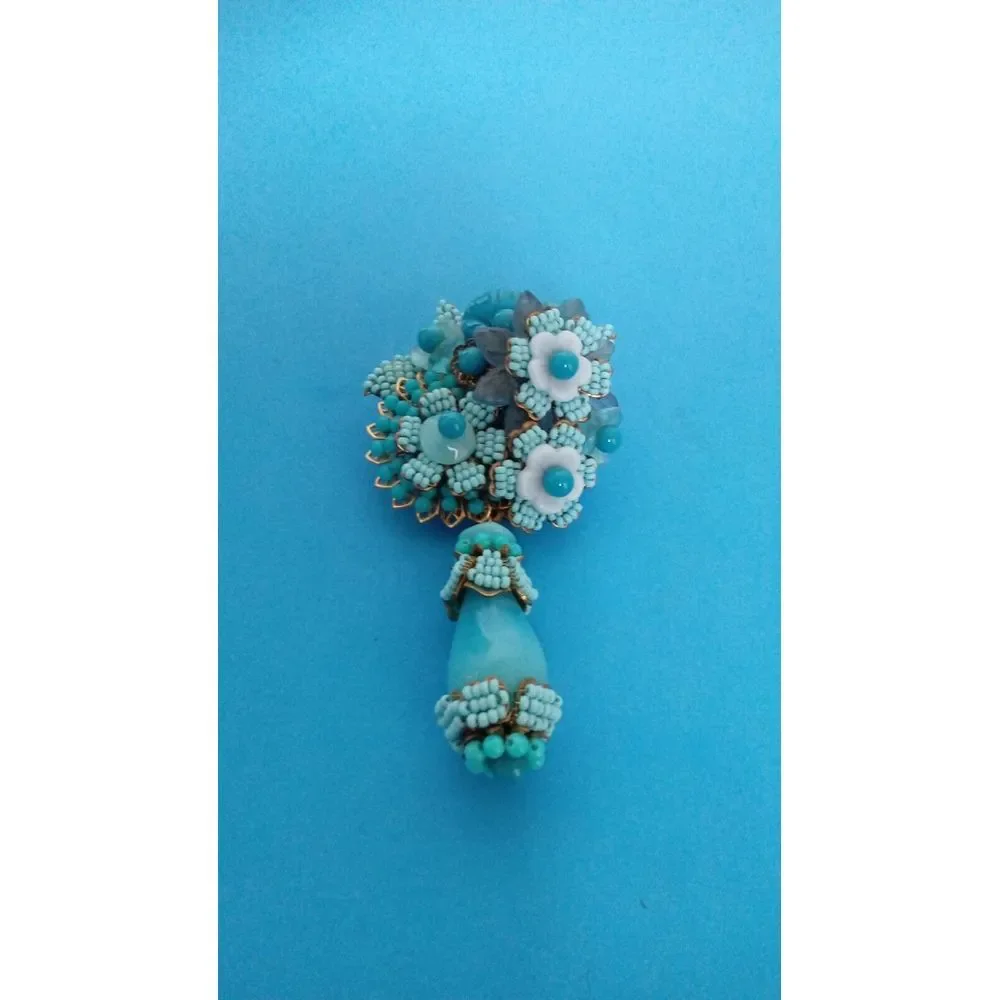 Vintage Turquoise Brooch‎ Beaded Floral Dangle Pin Statement Jewelry